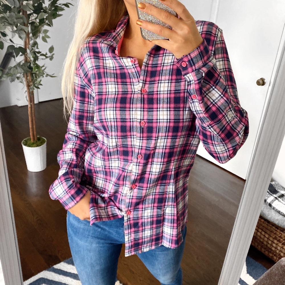 💕 EVERYDAY WEAR PINK BLUE WHITE PLAID FALL SHIRT!